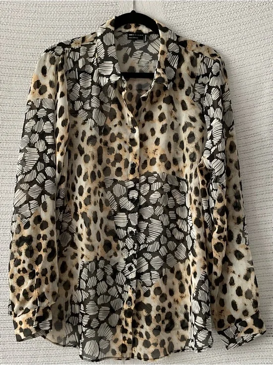 ASOS Leopard Print Mixed Pattern Button-Up Blouse in Black, White, Tan - Picture 1 of 7